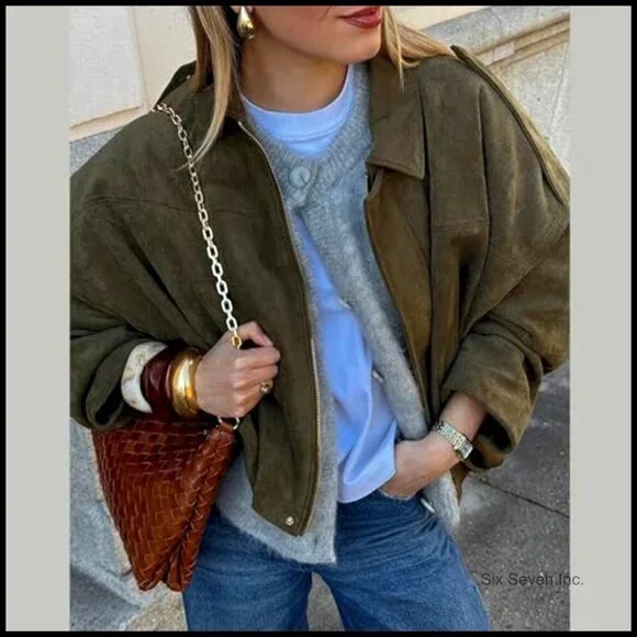 Faux Suede Bomber Jacket Oversized Pilot Coat Streetwear Zip Up Outerwear - Picture 3 of 7